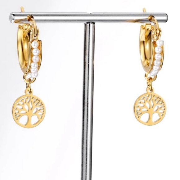 “Tree of Life” Wisdom Knowledge Forest Greenery Cut-out Outline Pearl Seed Hoops - Picture 2 of 3